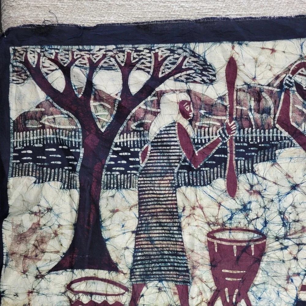 African Batik Dye Art Wall Hanging Camel Caravan Village Scene Tapestry Signed